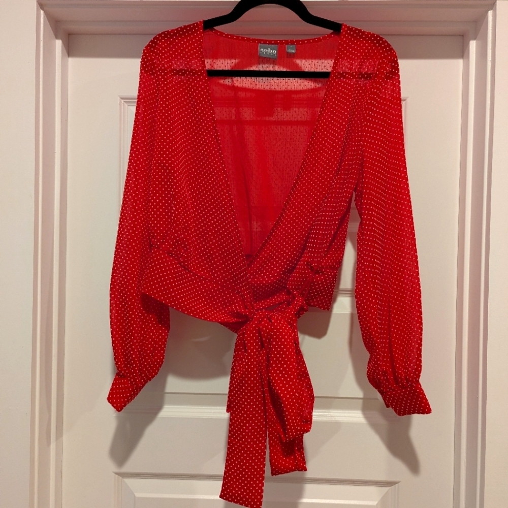 Red Polka Dot Wrap Cropped Blouse by Soho jeans